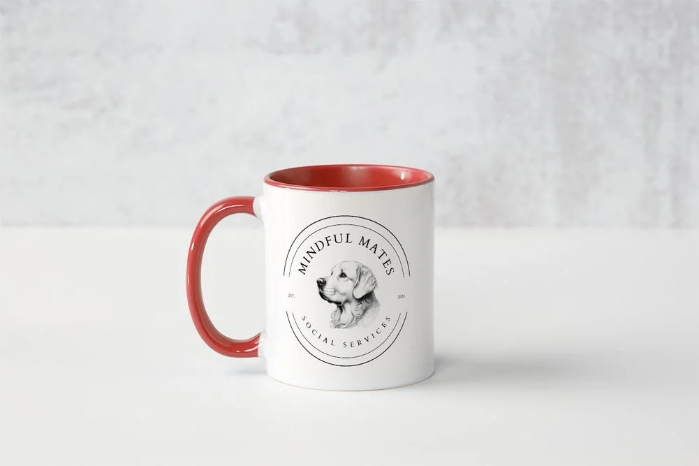Mindful Mates Social Services Mug with red rim and logo